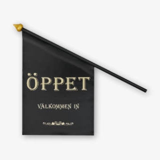 Svart butiksflagga med texten öppen